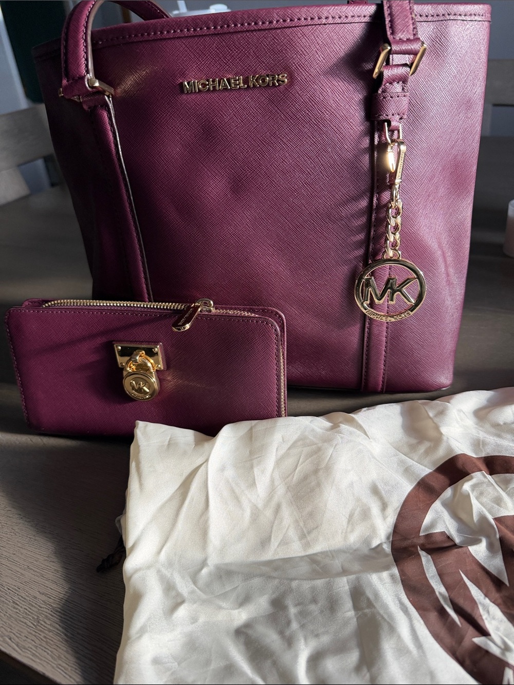 Michael Kors Deep Plum Saffiano Tote with Matching Wallet